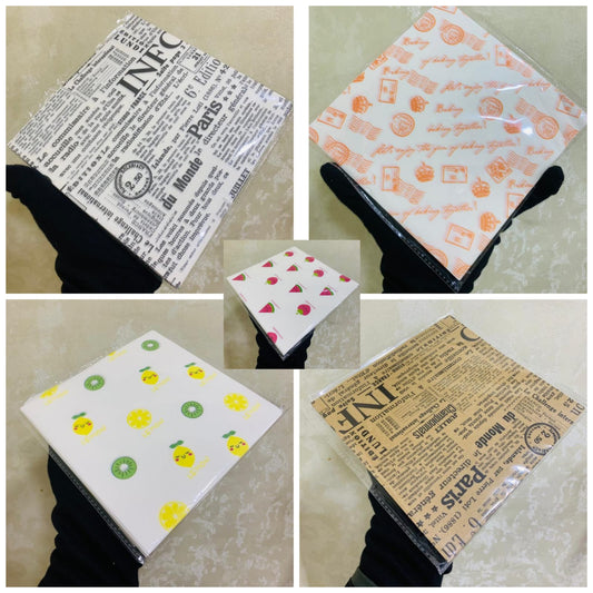 BUTTER PAPER BENTO CAKE SHEET 15*15 SIZE 100 PCS PACK RANDOM DESIGN
