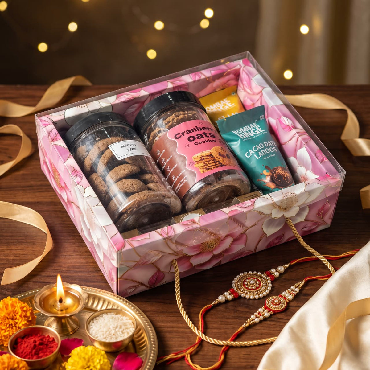 Hamper Gift Box With Top PVC Transparent Lid And Bottom Tray in Floral Aura Design With Rope Handle- Pink (9*7*3 Inch) | |10 Pcs Pack