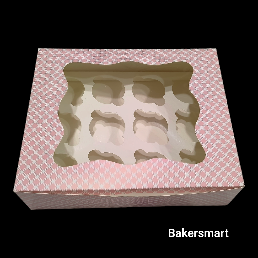 Cup Cake Box 12cavity Pink Check 5 PCS PACK