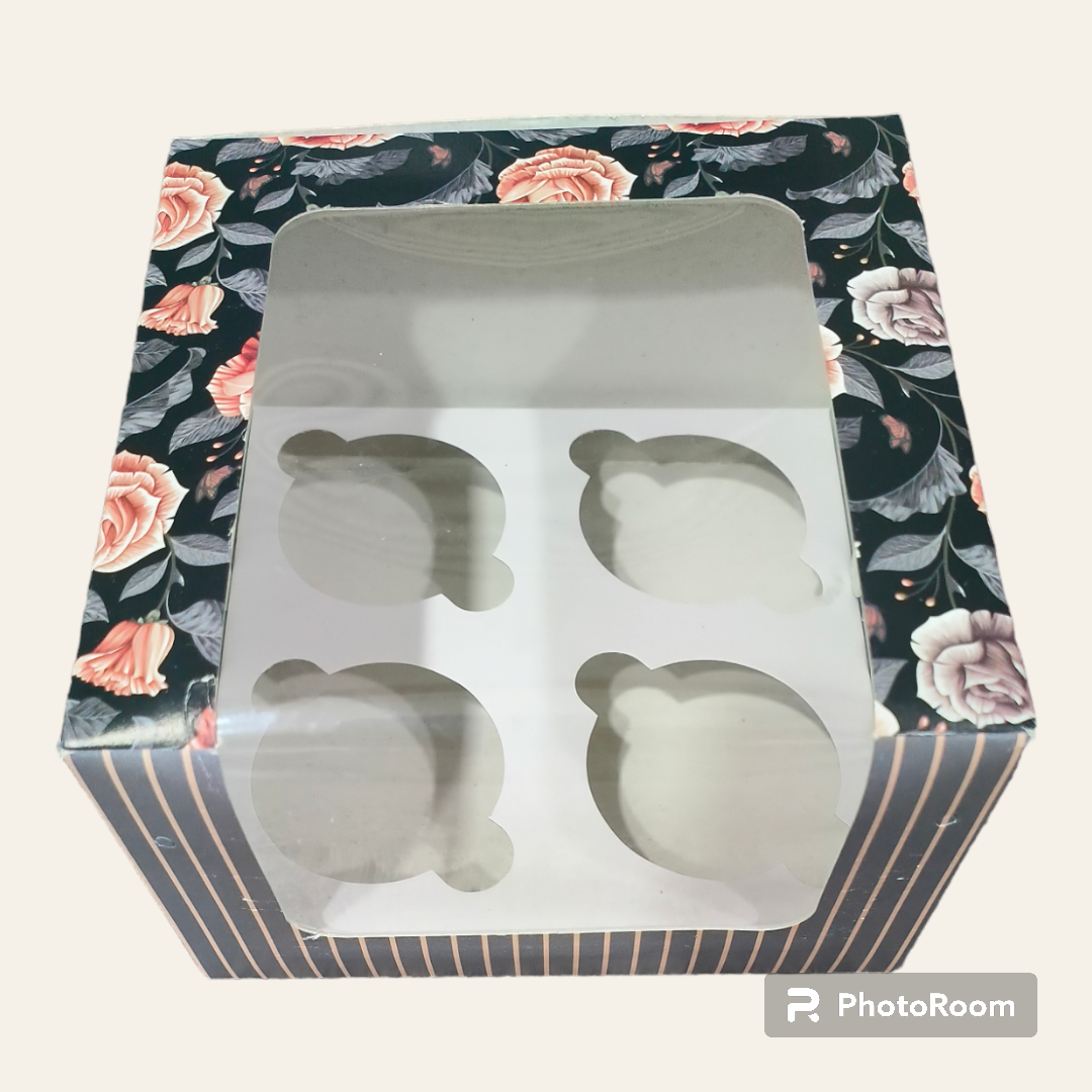 4P CUP CAKE BOX SIZE 6*6*4 FLORAL BLACK-10 PCS PACK