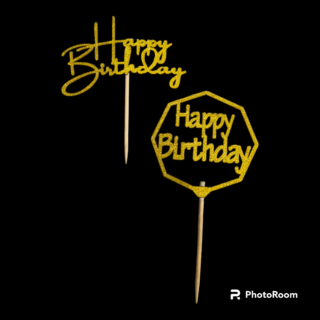 GLITTER TOPPER HAPPY BIRTHDAY GOLD 3'' -10PCS PACK 1