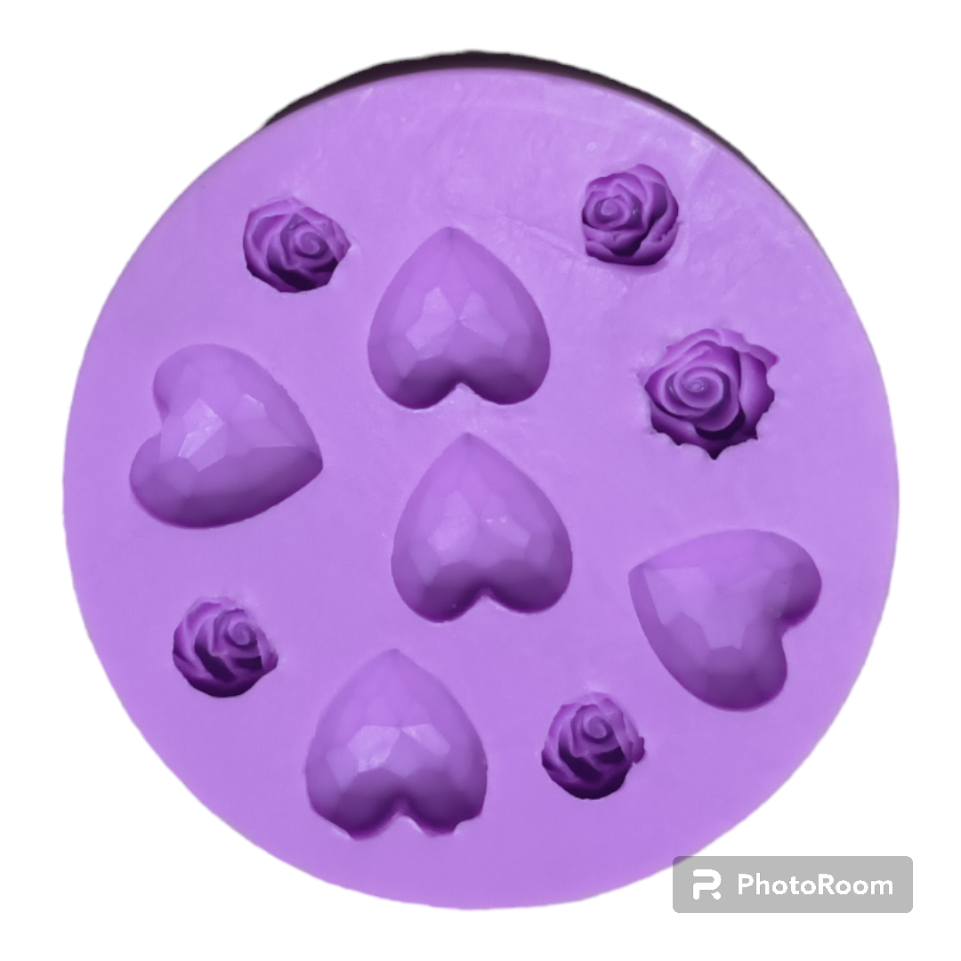 SILICON FONDANT 5 HEART 4 SMALL ROSE MOULD #14