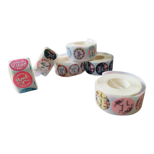 Thank You Sticker Roll 1" Circle, 500 PC's Roll, Random Designs