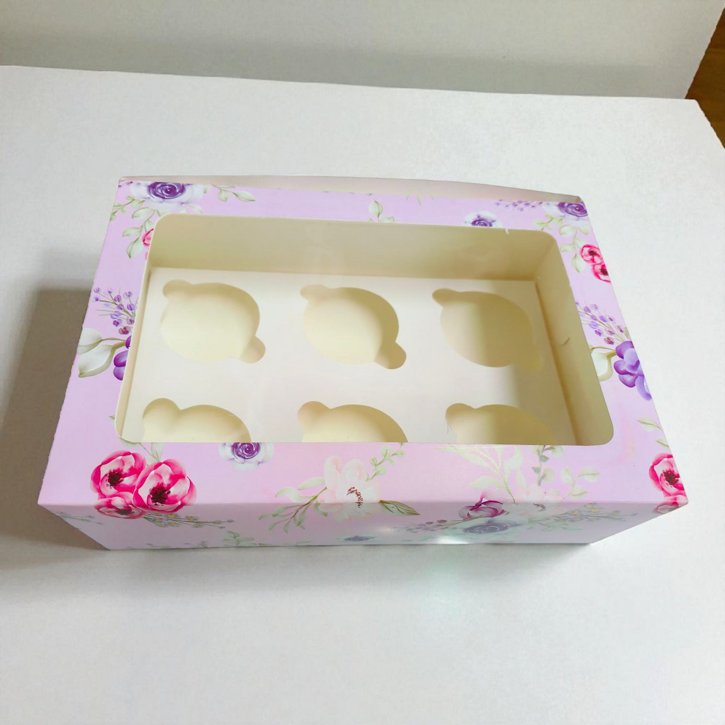 CUP CAKE BOX L WINDOW 6PCS PINK FLORAL 9*6.75*3.5 10 PCS PACK