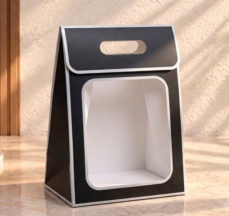 Flip Top Black Velcro Portable Tote Paper Bag | PVC Transparent Window|10 pcs pack| size 12*8*6 inch