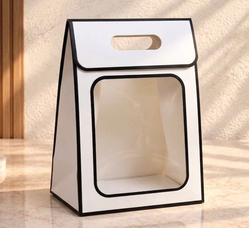 Flip Top White Velcro Portable Tote Paper Bag | PVC Transparent Window|10 pcs pack| size 12*8*6 inch