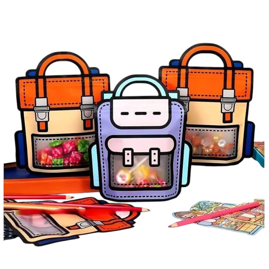 3D School Bag Printed Zip Pouch ,Hamper, Cookie Chocolate Pouch ,Random Design (10 PC's pack)Size 6×8 Inch