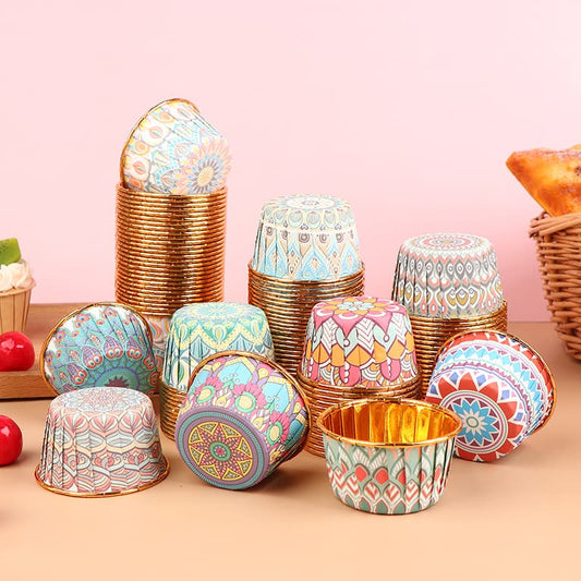 Printed Cup Cake liner| Golden Plastic Coated Inside| 50 pcs pack | Random Design