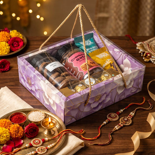 Hamper Gift Box With Top PVC Transparent Lid And Bottom Tray in Floral Aura Design With Rope Handle- Lavender (9*7*3 Inch) | |10 Pcs Pack