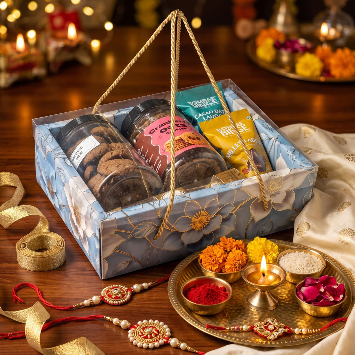 Hamper Gift Box With Top PVC Transparent Lid And Bottom Tray in Floral Aura Design With Rope Handle- Sky Blue (9*7*3 Inch) | |10 Pcs Pack