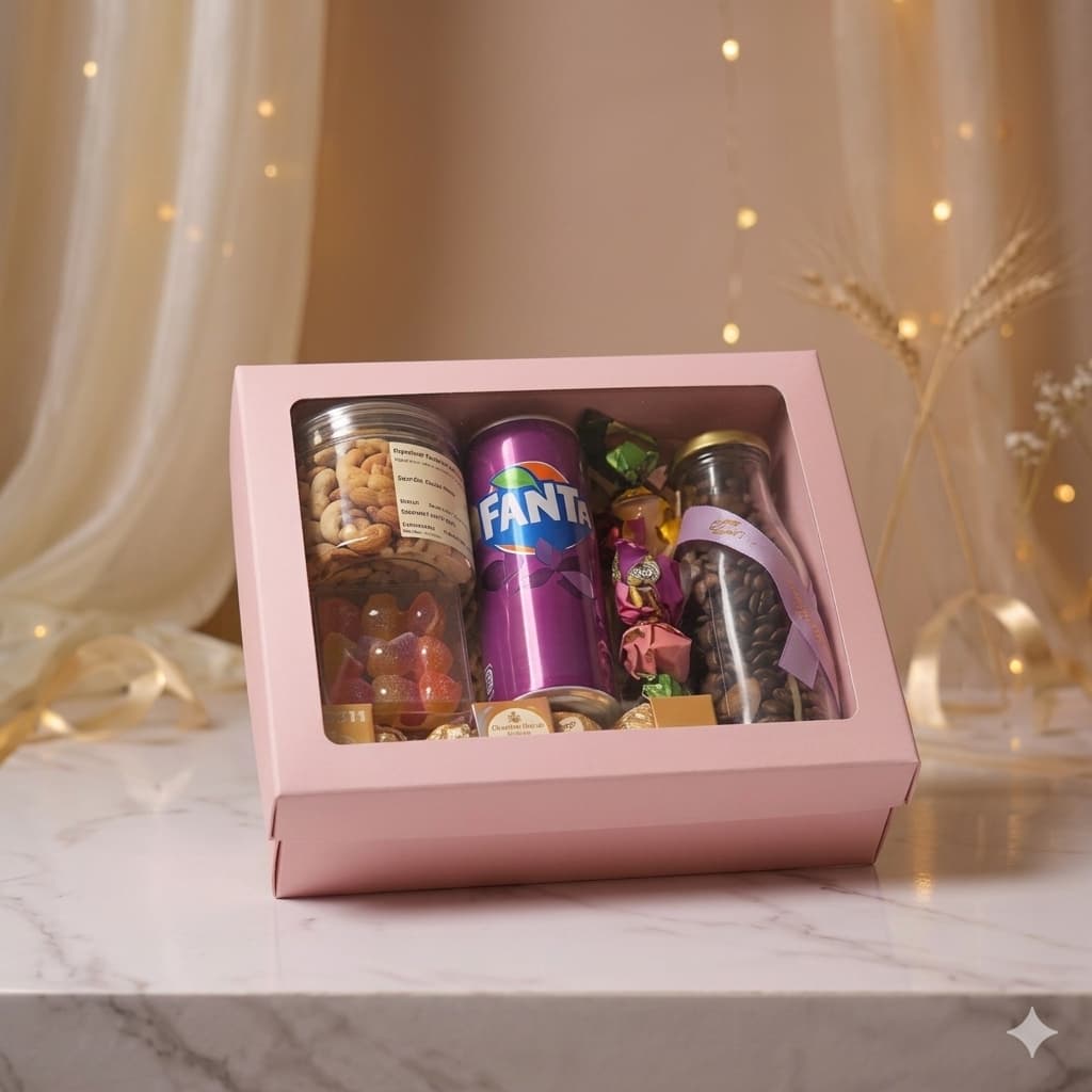 Hamper Box With Top Window Lid And Bottom Tray (9*7*3 Inch) (BK-30) Pink | 10  Pcs Pack