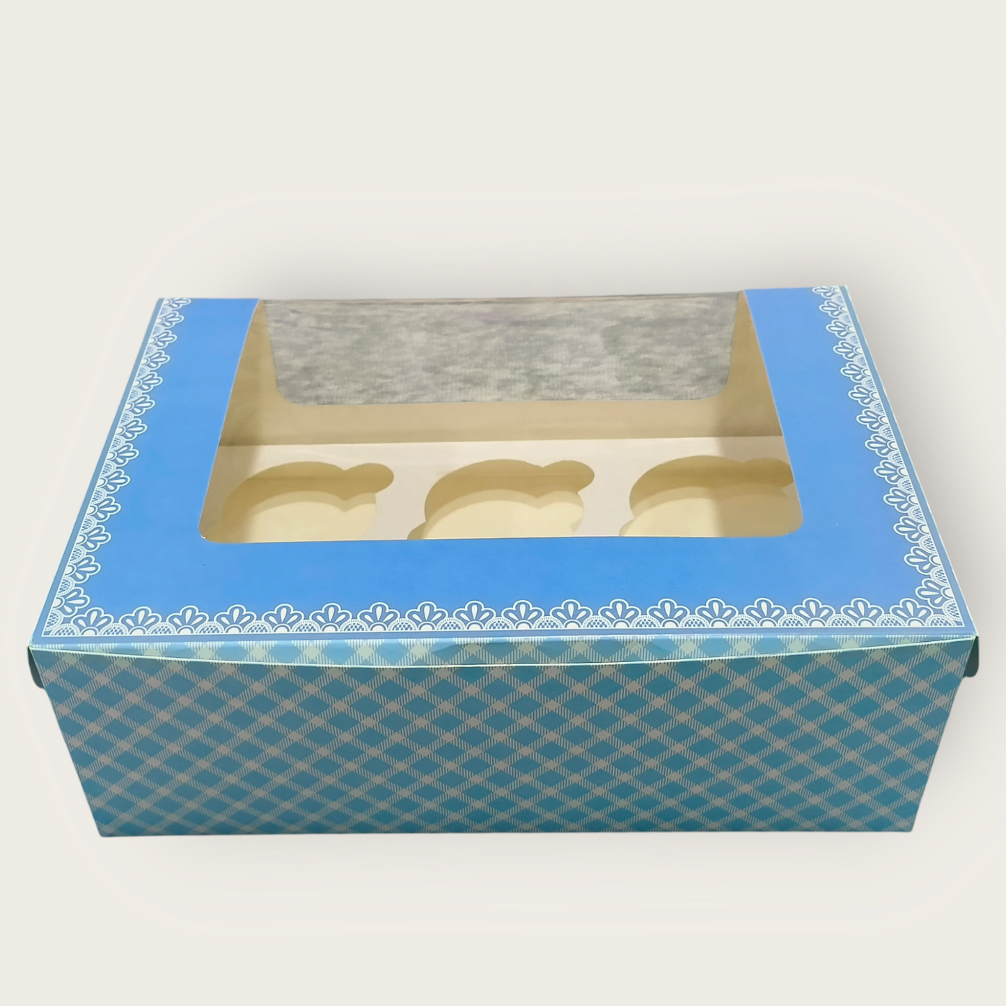 6 Cup Cake / Muffin Box Blue Checks - 10×6.75×3.5- 10 PC's pack