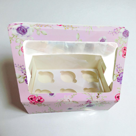 CUP CAKE BOX  L WINDOW 6PCS PINK FLORAL 9*6.75*3.5 10 PCS PACK