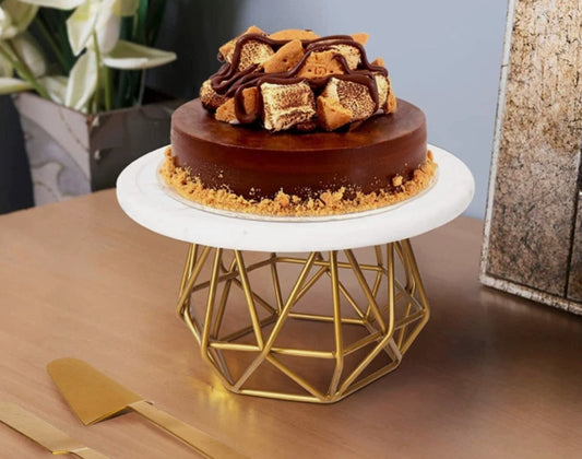 Golden White Geometric Cake Stand - 10" Diameter, 8" Height, Brown Color | Fully Washable, Ideal For Weddings, Birthdays, And Celebrations