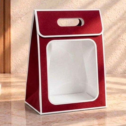 Flip Top Red Velcro Portable Tote Paper Bag | PVC Transparent Window|10 pcs pack| size 12*8*6 inch
