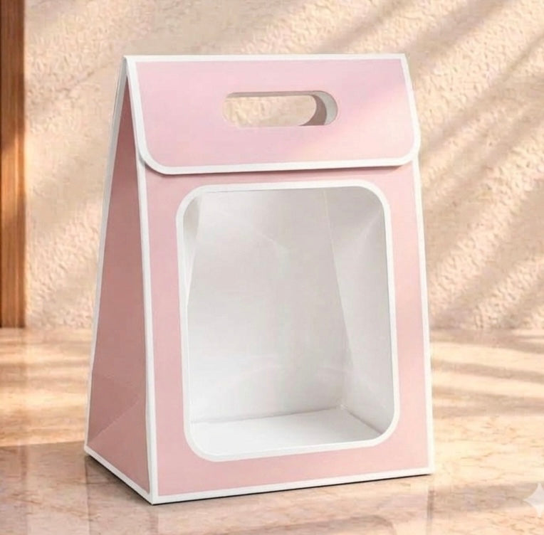 Flip Top Pink Velcro Portable Tote Paper Bag | PVC Transparent Window|10 pcs pack| size 14*10*6 inch