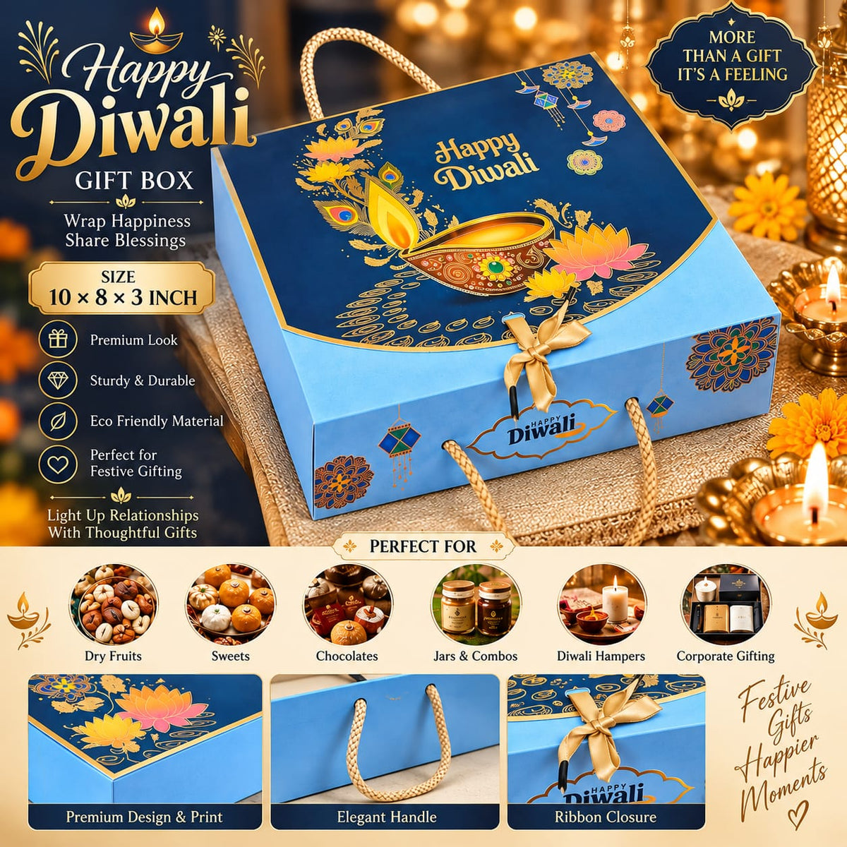 Hamper Box Diwali Print #Blue,Size 10*8*3 inch | 10 pcs pack