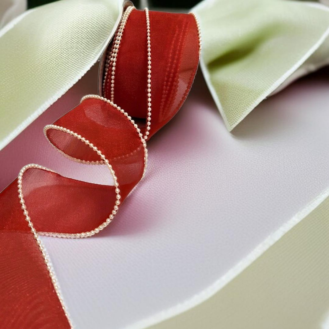 Pearl Ribbon| Size 2 inch | Length 9 Mtr |  Red