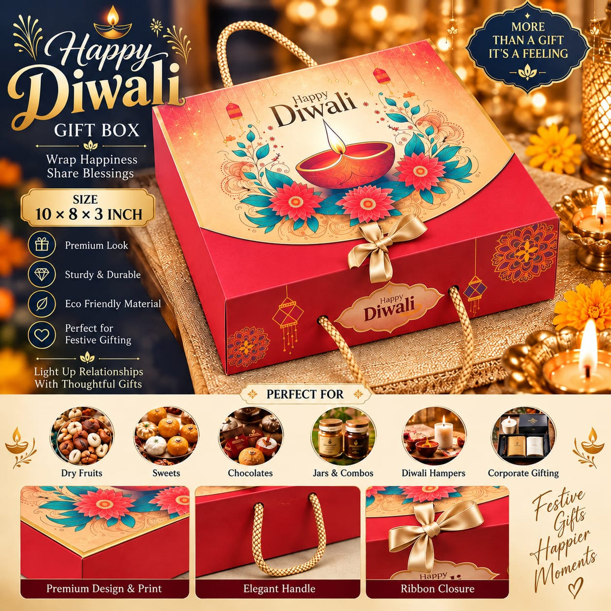 Hamper Box Diwali Print #Red,Size 10*8*3 inch | 10 pcs pack